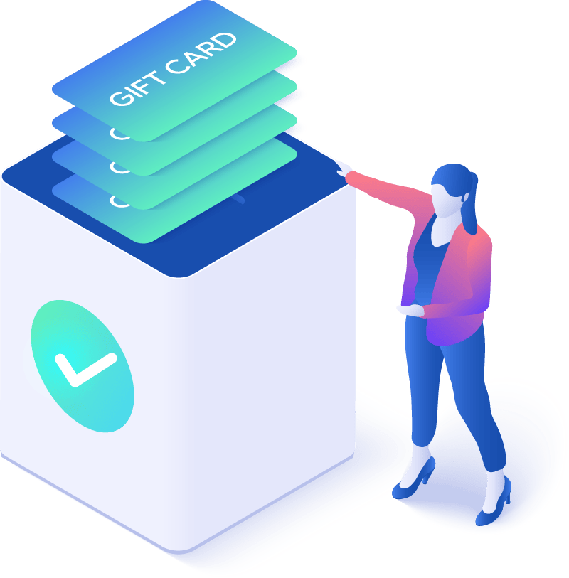 Illustration of a stack of gift cards being handed off